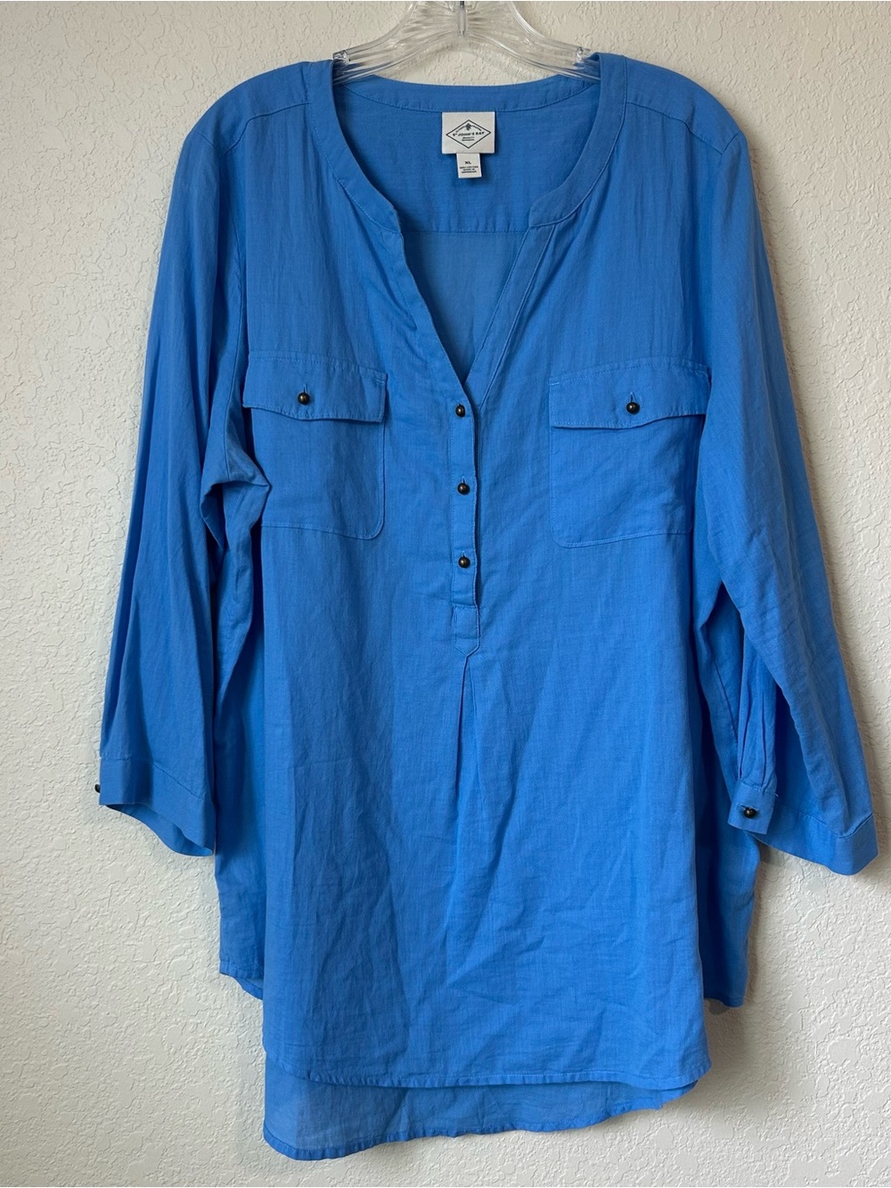 St. John's Bay Blue Women's Tunic Henley Blouse with chest pockets - Picture 1 of 7